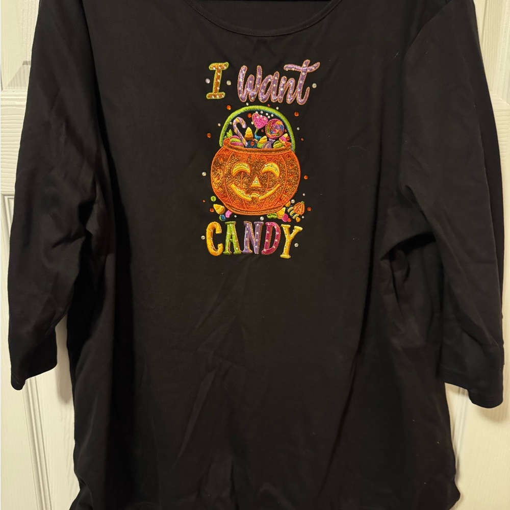 Quacker Factory Black Top with Halloween Candy Design